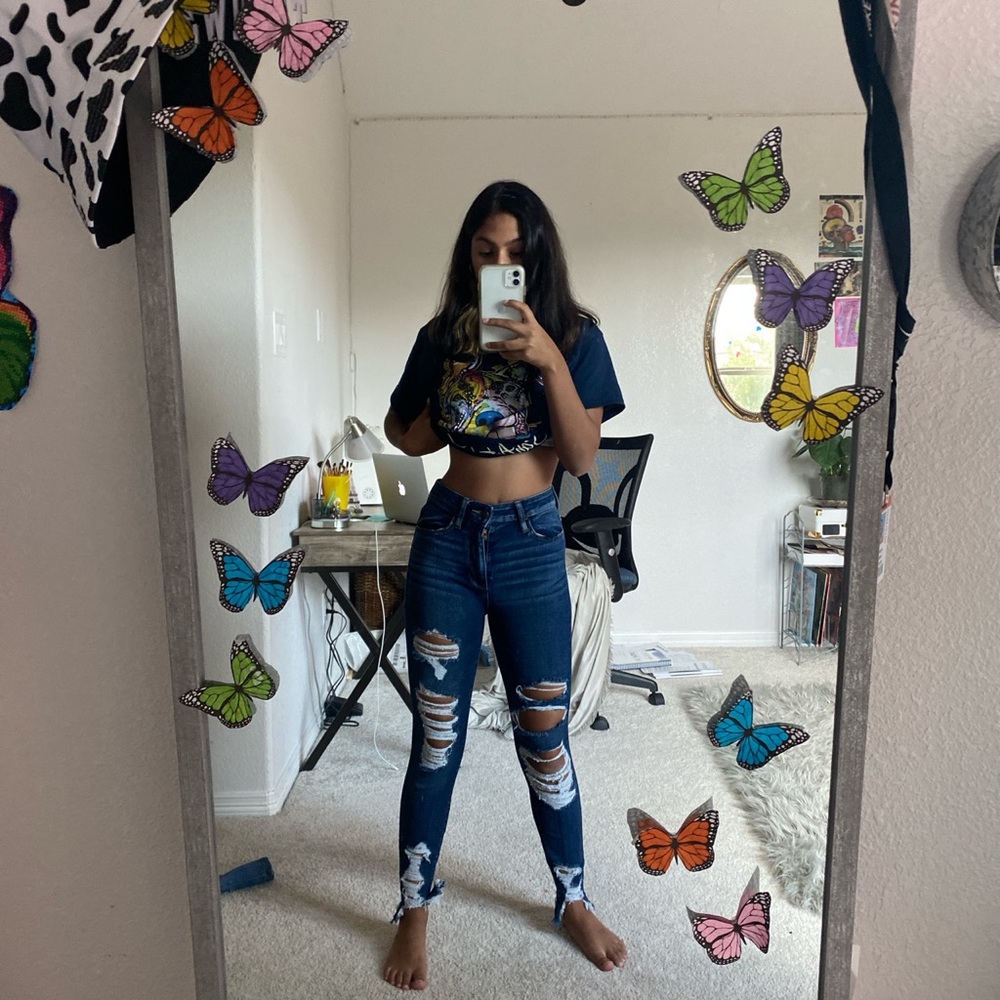 stretchy high rise ripped skinny blue jeans